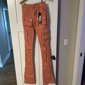 Women's Distressed Straight Leg Pants - Coral